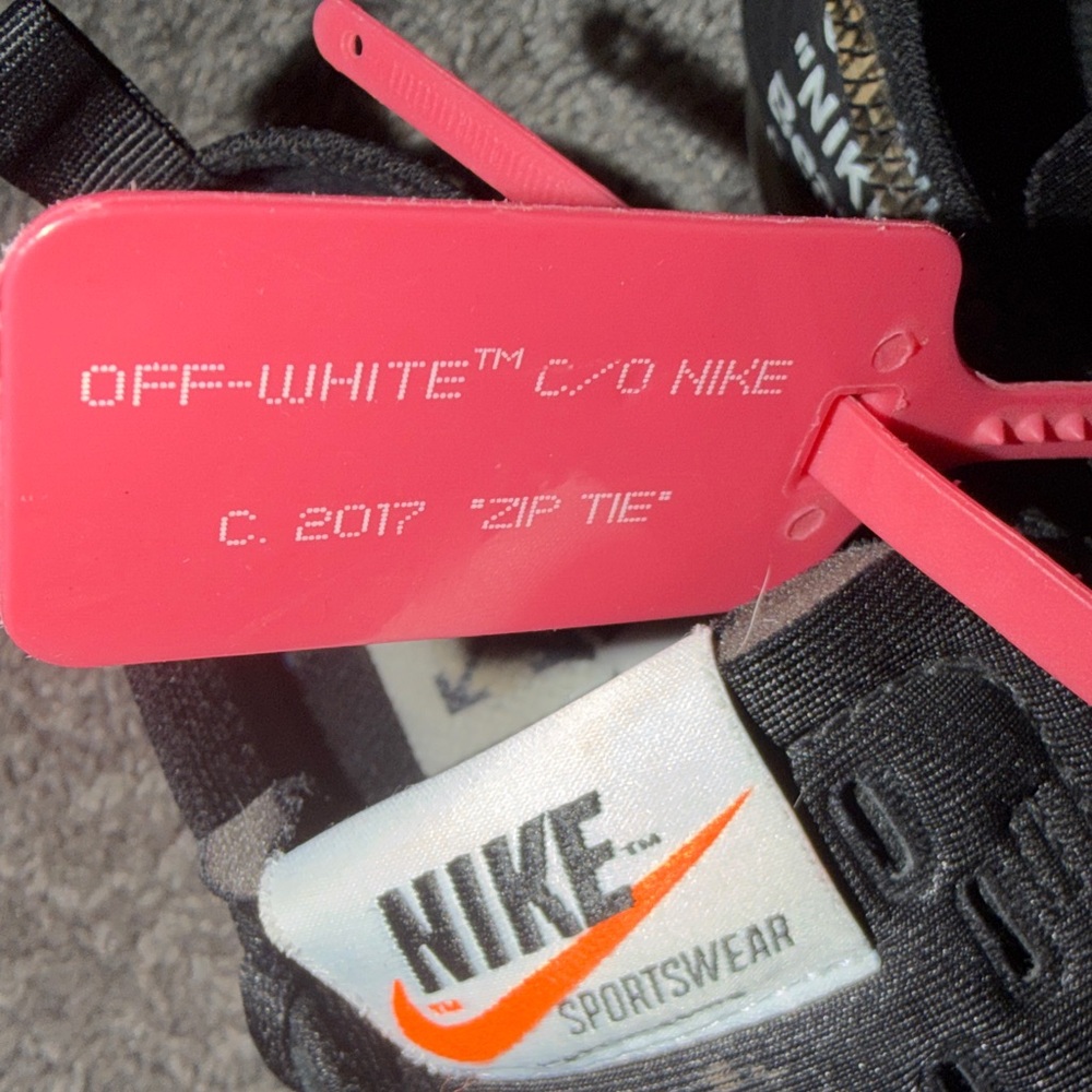 Nike (Off White Zip Tie) Black Sneakers with Orange Logo and Pink Tag - Picture 12 of 12